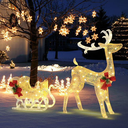 Svítící sob se saněmi, 100 LED teplá bílá, interiér i exteriér