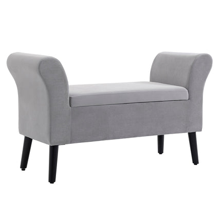 Sametová čalouněná lavice s úložným prostorem, moderní design, světle šedá