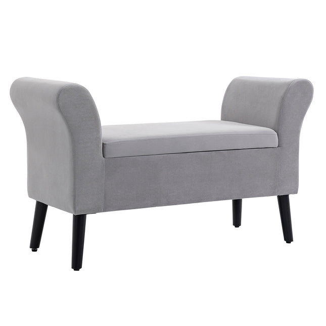 Sametová čalouněná lavice s úložným prostorem, moderní design, světle šedá