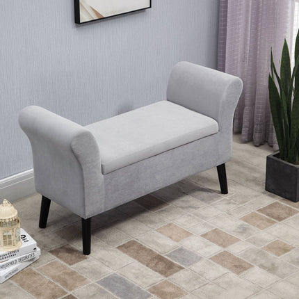 Sametová čalouněná lavice s úložným prostorem, moderní design, světle šedá