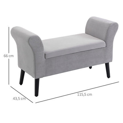 Sametová čalouněná lavice s úložným prostorem, moderní design, světle šedá