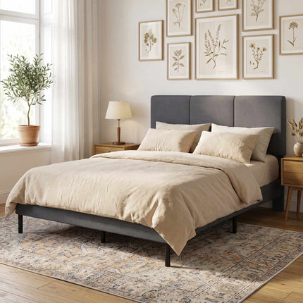 Linen-Look Bed Frame 140 x 200 cm with Adjustable Headboard, Dark Grey, 12 Slats