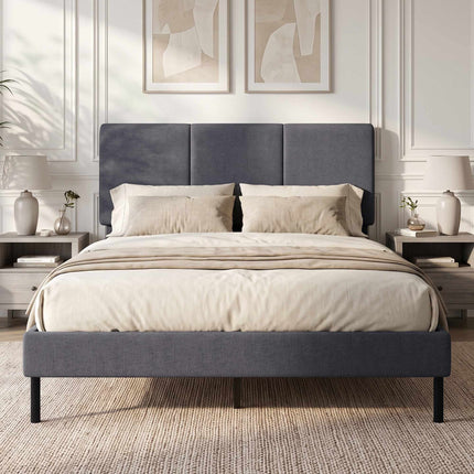 Linen-Look Bed Frame 140 x 200 cm with Adjustable Headboard, Dark Grey, 12 Slats