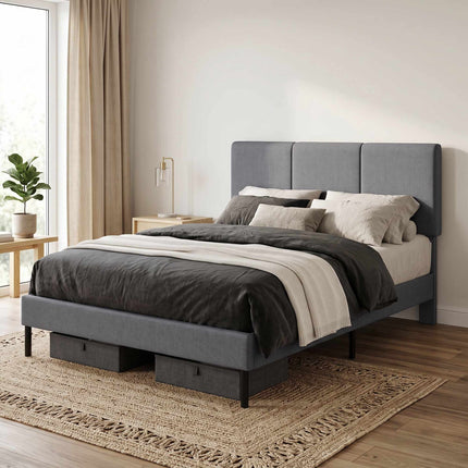 Linen-Look Bed Frame 140 x 200 cm with Adjustable Headboard, Dark Grey, 12 Slats