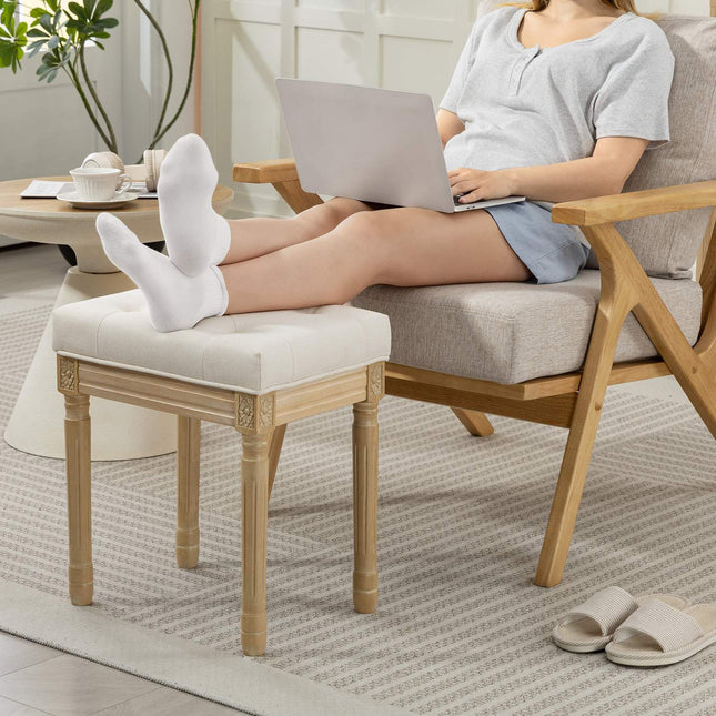 Linen Ottoman Bench, Padded Seat, Wood Legs, 42x32x46.5 cm, Beige