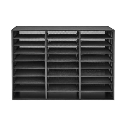 Literature Organizer, 27-Compartment Metal Mail Sorter, Wood Top