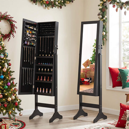 Lockable Black Jewelry Cabinet with Full-Length Mirror