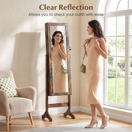 Lockable Brown Jewelry Cabinet with Full-Length Mirror