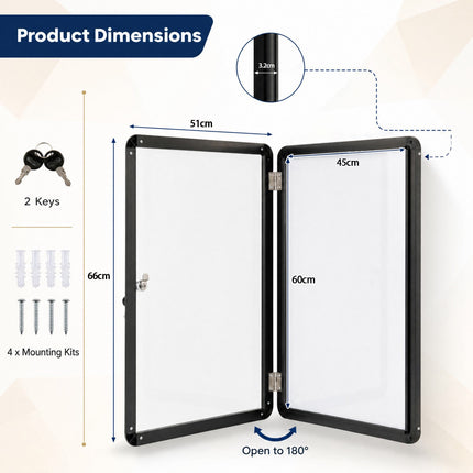 Lockable Display Case, Magnetic & Writable, 90x65 cm, Black
