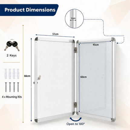 Lockable Display Case with Magnetic Writable Back, 90x65 cm, Silver