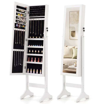 Lockable White Jewelry Cabinet with Full-Length Mirror