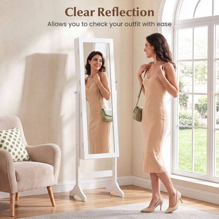 Lockable White Jewelry Cabinet with Full-Length Mirror