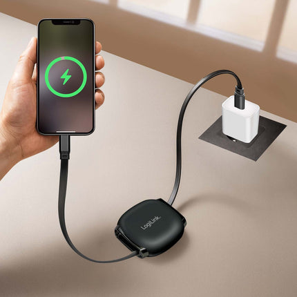 LogiLink Retractable USB-C Cable 1 m, 60W Fast Charging, Black, Magnetic Ends