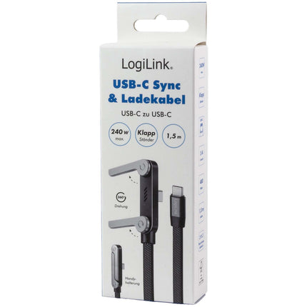 LogiLink USB-C Cable with Built-In Phone Stand, 240W PD, 1.5 m, Black, Braided