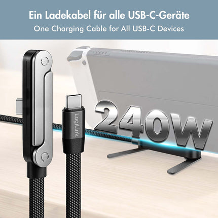 LogiLink USB-C Cable with Built-In Phone Stand, 240W PD, 1.5 m, Black, Braided
