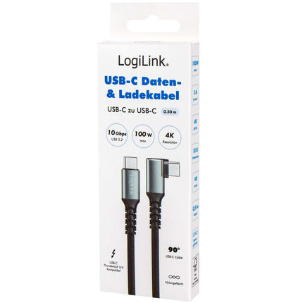 LogiLink USB-C to USB-C Cable 0.5 m, 90° Angled, 100W PD, Grey/Black, 4K 60Hz