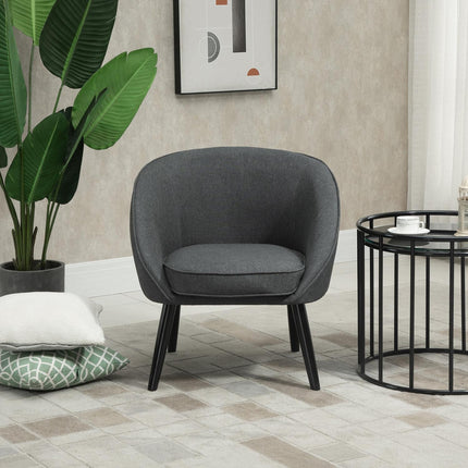 Moderní šedé čalouněné relaxační křeslo ve vzhledu lnu, dřevěný rám