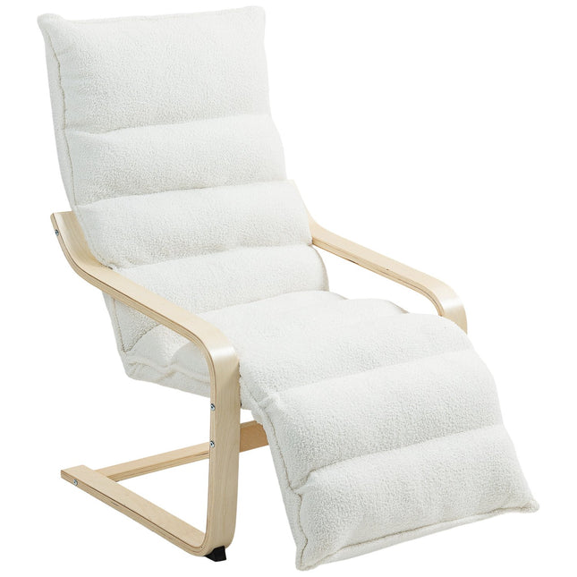 Loungestoel van berkenhout, gestoffeerde stoel, verstelbare voetensteun, wit