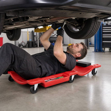 Low Profile Garage Creeper 101 cm with Padded Headrest, Red, 6 Swivel Casters