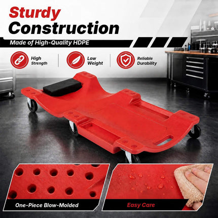 Low Profile Garage Creeper 101 cm with Padded Headrest, Red, 6 Swivel Casters