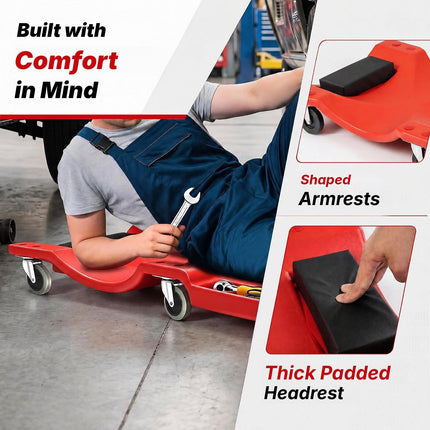 Low Profile Garage Creeper 91 cm with Padded Headrest, Red, 6 Swivel Casters