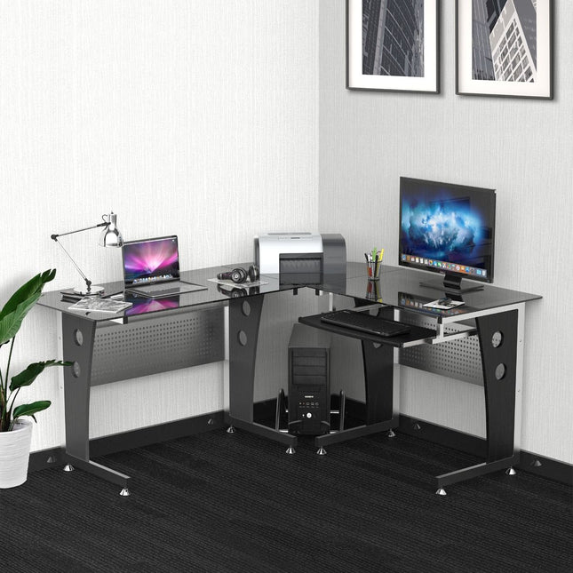 Psací stůl do L, černé sklo, 164x139x75 cm, ideální pro home office