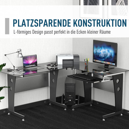 Psací stůl do L, černé sklo, 164x139x75 cm, ideální pro home office