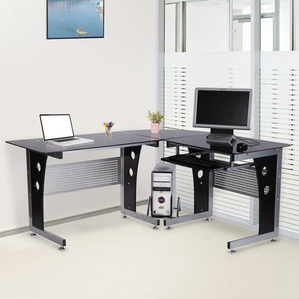 Psací stůl do L, černé sklo, 164x139x75 cm, ideální pro home office