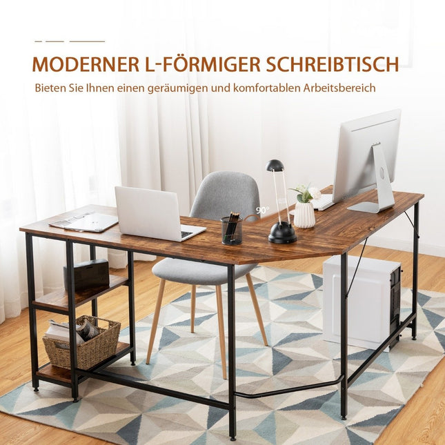 Psací stůl do L pro home office se 2 policemi 138 x 138 x 75.5 cm kávově hnědá + černá