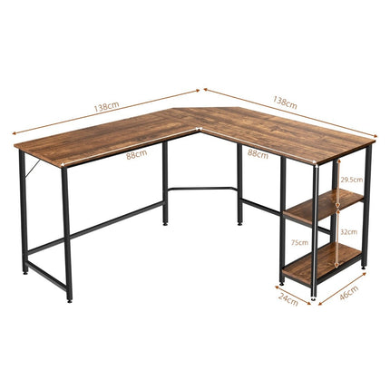Psací stůl do L pro home office se 2 policemi 138 x 138 x 75.5 cm kávově hnědá + černá