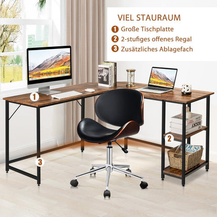 Psací stůl do L pro home office se 2 policemi 138 x 138 x 75.5 cm kávově hnědá + černá