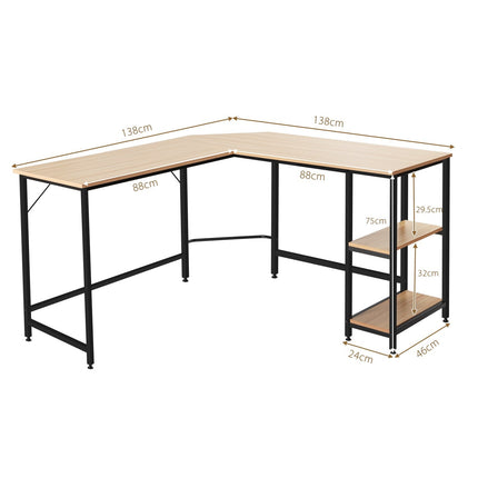 Psací stůl do L pro home office se 2 policemi 138 x 60 x 75 cm přírodní