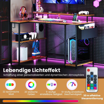 Stůl do L se zásuvkami a LED osvětlením, herní počítačový stůl rustikální hnědá