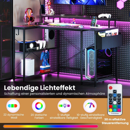Stůl do L se zásuvkami a LED osvětlením, herní počítačový stůl černá