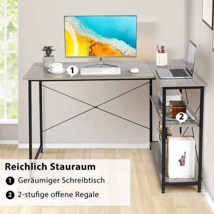 Rohový počítačový stůl do L s úložnými přihrádkami kancelářský stůl 120 x 88 x 74.5 cm šedá