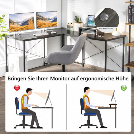 Stůl do L se stojanem na monitor a 3 průchodkami na kabely, oboustranný rohový stůl hnědá