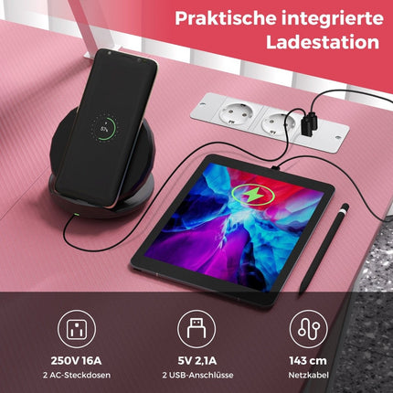 Herní stůl do L se zásuvkami a USB porty, s policí na monitor, počítačový stůl – růžová