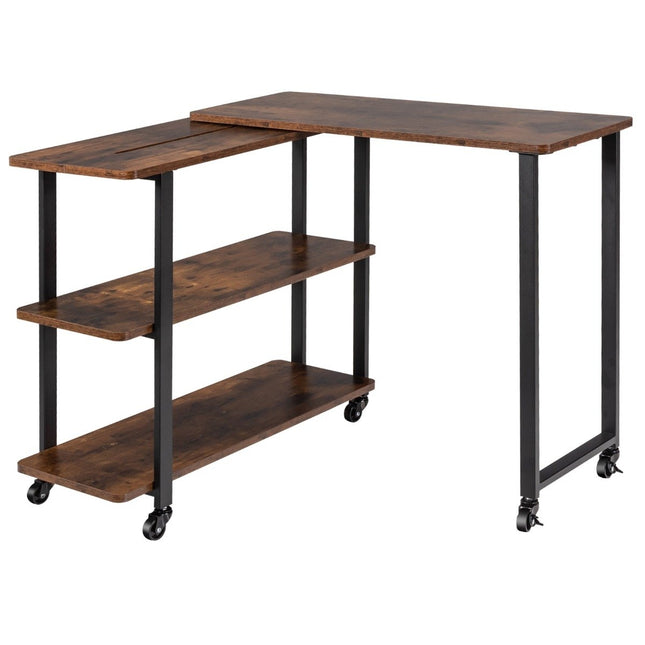 L-vormige bijzettafel met wielen en 2 planken 360° draaibare salontafel Rustiek bruin