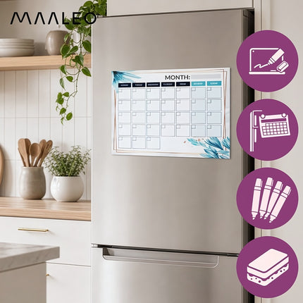 Magnetic Dry-Erase Fridge Planner 30 x 40 cm with Markers, Eraser, Floral