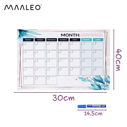 Magnetic Dry-Erase Fridge Planner 30 x 40 cm with Markers, Eraser, Floral