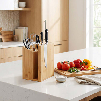 Magnetic Knife Block with Utensil Holder, Bamboo, Natural