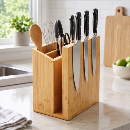 Magnetic Knife Block with Utensil Holder, Bamboo, Natural