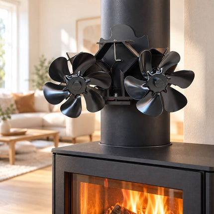 Magnetic Stove Pipe Fan with Twin Motor and 12 Blades, Black, Incl. Hose Clamp