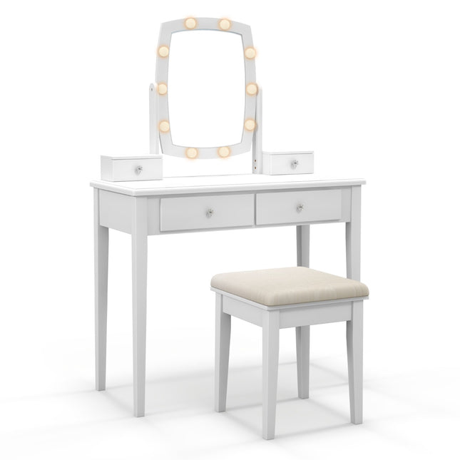 Make-up kaptafelset, 3-kleuren LED-spiegel, krukje, 4 lades
