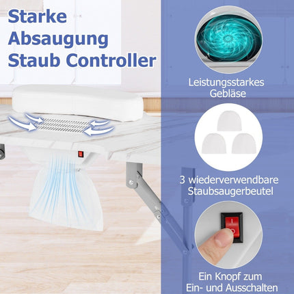 skládací manikúrový stůl s elektrickým odsávačem prachu, bílý