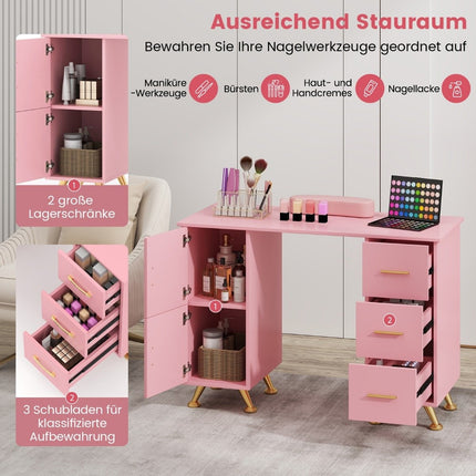 Manicuretafel met lades, kasten en polssteun, manicuretafel roze