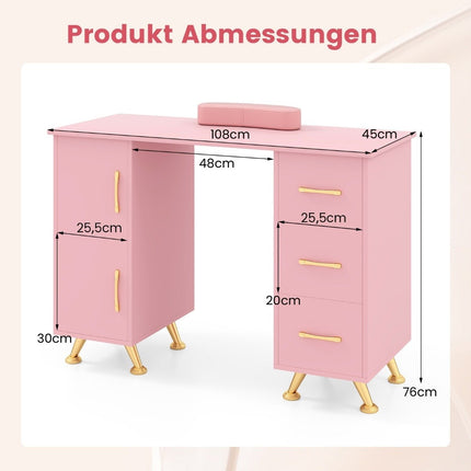 Manicuretafel met lades, kasten en polssteun, manicuretafel roze