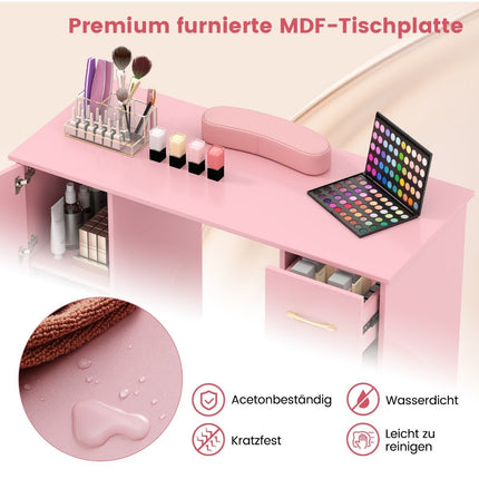 Manicuretafel met lades, kasten en polssteun, manicuretafel roze