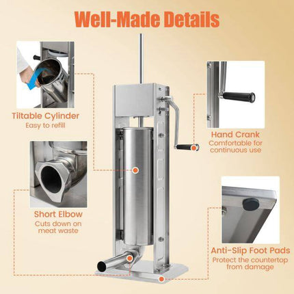 Manual Sausage Stuffer, 15 lbs Capacity, 4 Tubes, 2 Speeds