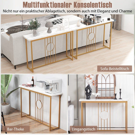 Konsolentisch in Marmoroptik mit Metallrahmen und verstellbaren Fußpolstern. Schmaler Beistelltisch